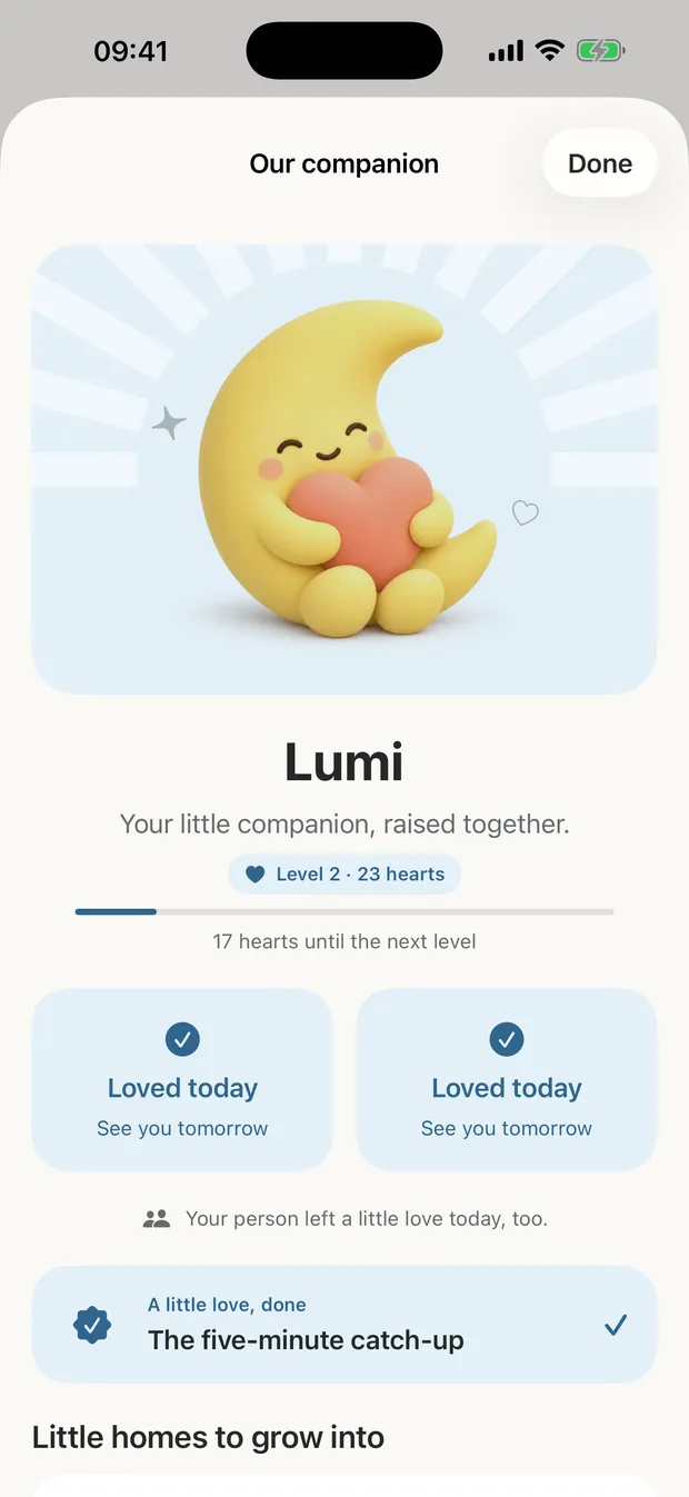 Lumi, votre compagnon commun, au niveau deux, avec les cœurs gagnés.