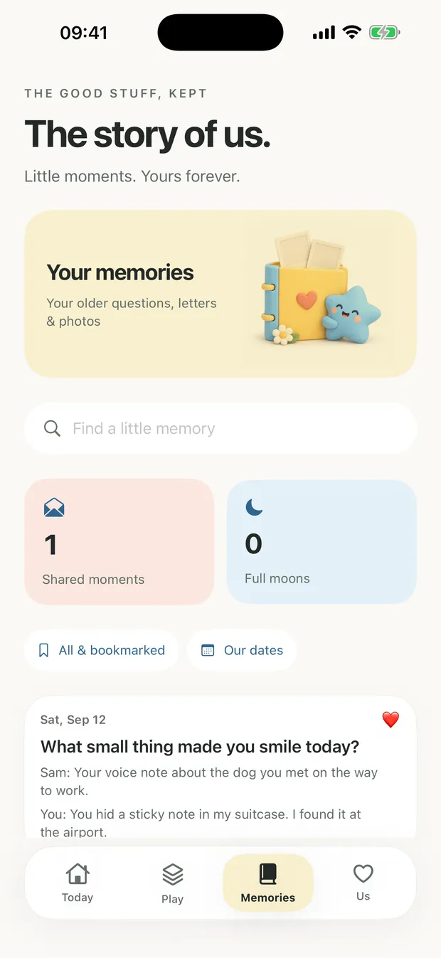 Notre histoire : chaque moment partagé, avec une recherche.