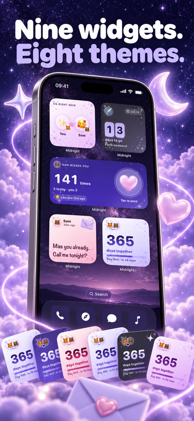 Nine couple widgets in eight color themes.